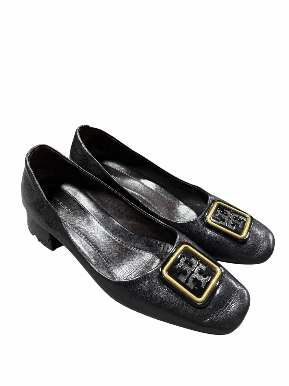 Tory Burch Georgia Black Leather Logo Buckle Square Toe Pumps Size 9.5